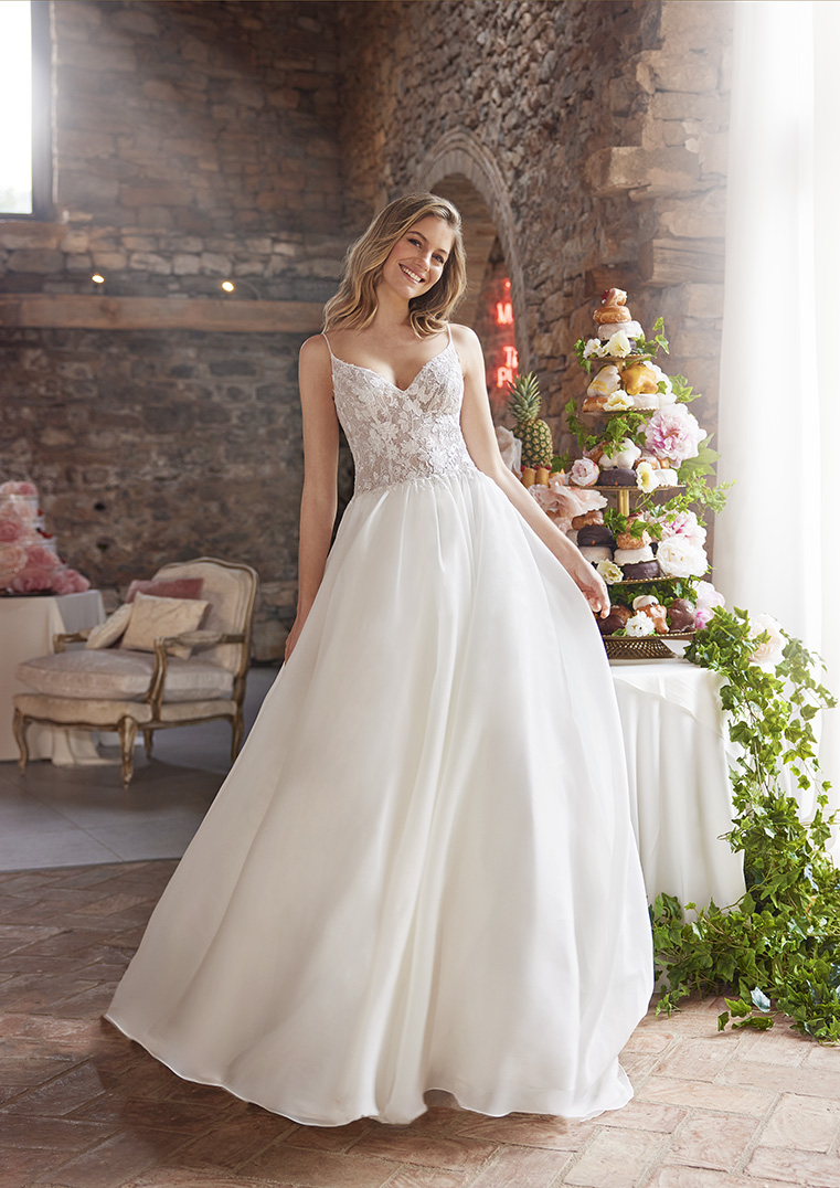 Robe de mariée trapèze en organza avec décolleté en V et dos arrondi